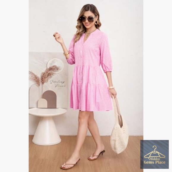 Plaid Shirt Dress with Puff Sleeves, Pockets, Midi Length, Casual Fit - Picture 6 of 7